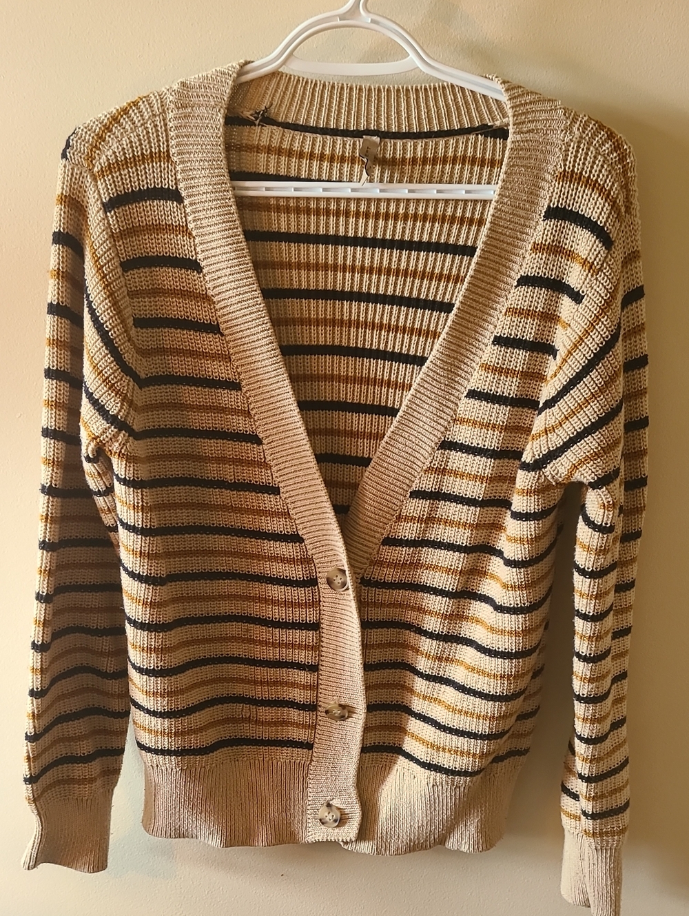 Beige and Black Striped V-Neck Button Cardigan Sweater